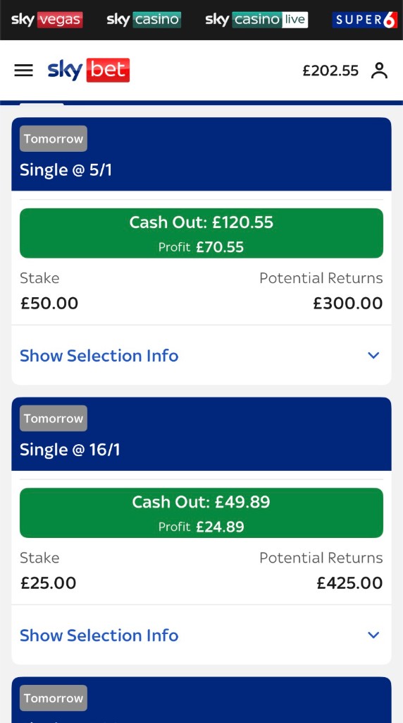 Open bets with cash-out already in profit