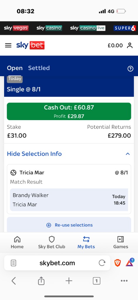 Tennis selection at 8 to 1 with cash-out in profit