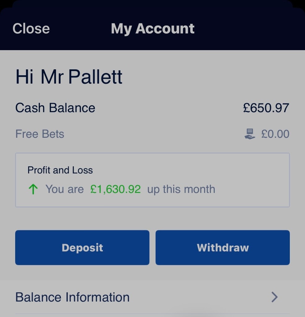 Betting account showing £1,630.92 profit this month